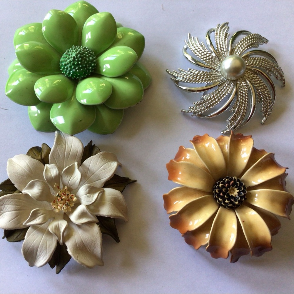 Floral Brooch Set in Green, Silver, Cream, and Brown